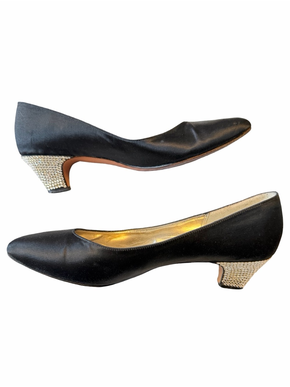 Vintage Black Satin Low Block Heel Pumps with Rhinestone Heel